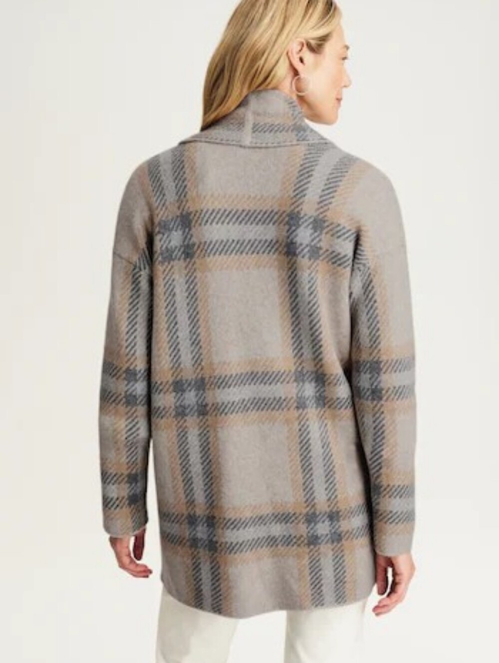 J.Jill Plaid Open Front Sweater Coat Coatigan Beige Gray Size Medium - Picture 4 of 7